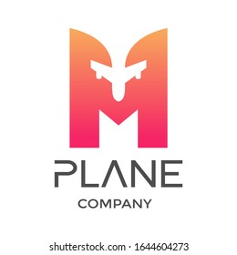 Letter M with plane vector logo. This design is modern and suitable for travel and transportation.