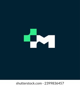 Letter M with plus icon usable for business medical technology logo in the form of atoms. network connection icon, share symbol design vector