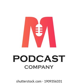 Letter m with podcast logo template illustration. suitable for podcasting, internet, brand, musical, digital, entertainment, studio etc