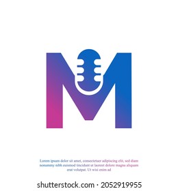 Letter M Podcast Record Logo. Alphabet with Microphone Icon Vector Illustration