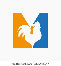 Letter M Poultry Logo With Hen Symbol. Chicken Logo, Rooster Sigh Vector Template