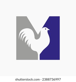 Letra M Logotipo De Aves De Corral Con Símbolo Hen. Logotipo de gallo, plantilla de muslo de pollo