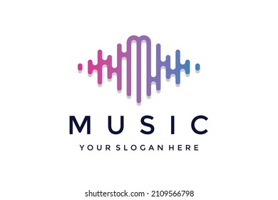 Letter m with pulse, electronic music logo template music player element, equalizer, disco. audio wave logo concept