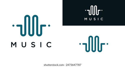 Letra M con elemento de reproductor de música de pulso. Diseño de logotipo de onda de audio. Vector Premium