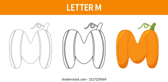 Letter M Pumpkin tracing   coloring worksheet for kids