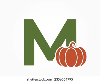 letter m with pumpkin. vegetable and organic food text logo. harvest and agriculture design. halloween symbol. isolated vector image