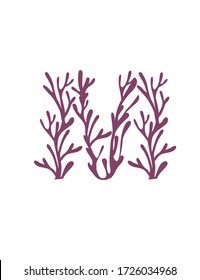 Letter M purple colored seaweeds underwater ocean plant sea coral elements flat vector illustration on white background