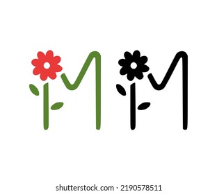 Letter M and red flower doodle icon