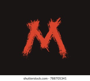 Letter M  Red handwritten by dry brush, Rough strokes font vector