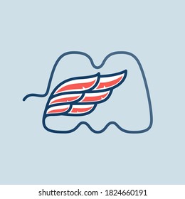 Buchstabe M mit rotem Flügel im Inneren. Vorlage für Sportlogo, Champion-Label, Hockey-Emblem, Tätowierungsschild, Heraldische Briefmarke. Vektorgrafik.