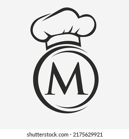 Letter M Restaurant Logo Template.  Restaurant Logo Concept with Chef Hat Symbol Vector Sign