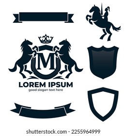 Letter M Retro Crest With Shield And Two Horses Vector, heraldic shield with crown, horse silhouette