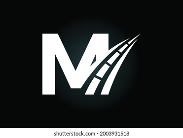 Letra M con el logo de la carretera cantando. El concepto de diseño creativo para el mantenimiento y construcción de autopistas. Transporte y tráfico.