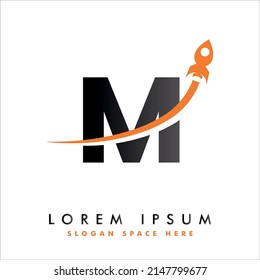 Letter M with rocket logo vector design. Creative Letter Mark Suitable for Company Brand Identity, Travel, Start up, business logo, education, corporate identity, initial, posters, and labels.