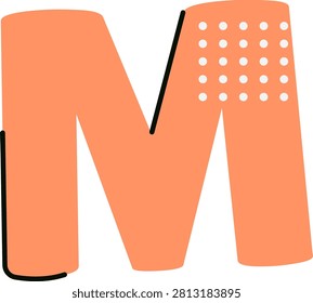 Letter M with rounded block form and dotted texture accent, bold outline and soft shading. Education, nursery, and typography concept for classroom and kid branding. Cartoon vector illustration.