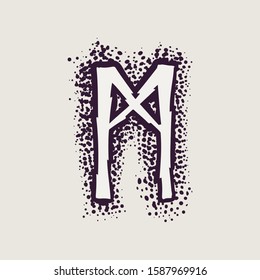 Letter M rune logo on the dots background. Nordic occult symbol for identity, package, book, diploma, etc.