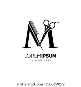 Letter M Scissors and Hair Comb Stylist Logo Design Vector Icon Graphic Emblem Illustration