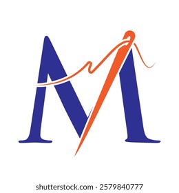 Letter M Sewing Needle Logo Design for Embroider, Textile, Fashion, Cloth, Fabric Symbol