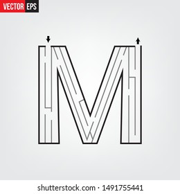 Letter M shape Maze Labyrinth, maze with one way to entrance and one way to exit. Flat design, vector illustration.