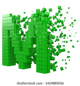 letter M shaped data block. version with green cubes. 3d pixel style vector illustration. suitable for blockchain, technology, computer and abstract themes.