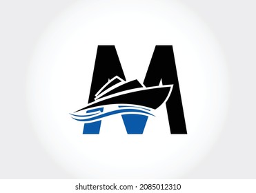Letter M with the ship, cruise, or boat logo design template, icon sign symbol ocean waves vector illustration.