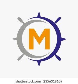 Letter M Ship Logo Concept With Ship Wheel Sign Vector Template