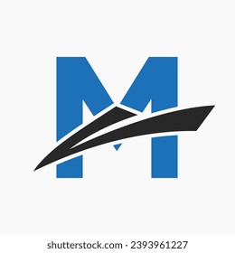 Letter M Shipping Logo Sailboat Symbol. Nautical Ship Sailing Boat Icon