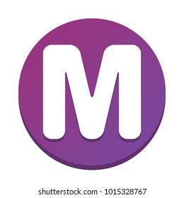 Letter M sign design template element. Vector. White icon with flat shadow on purpureus circle at white background. Isolated.