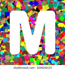 Letter M sign design template element. Vector. White icon on colorful background with seamless pattern from squares.
