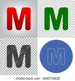 Letter M sign design template element. Vector. 4 styles. Red gradient in radial lighted background, green flat and gray scribble icons on transparent and linear one in blue circle.