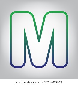 Letter M sign design template element. Vector. Green to blue gradient contour icon at grayish background with light in center.