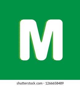 Letter M sign design template element. Vector. White flat icon with yellow striped shadow at green background.