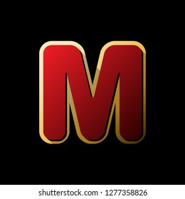 Letter M sign design template element. Vector. Red icon with small black and limitless shadows at golden sticker on black background.