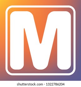 Letter M sign design template element. Vector. White icon on transparent button at orange-violet gradient background.