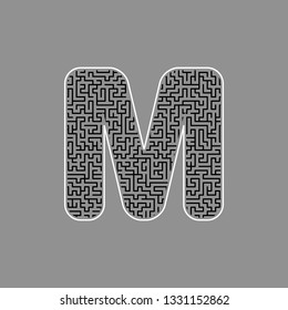 Letter M sign design template element. Vector. Black maze filled icon with white border at gray background.