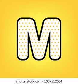 Letter M sign design template element. Vector. Yellow polka dot white icon with black contour at warm yellow background.