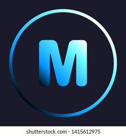 Letter M sign design template element. White, cyan and blue gradient icon as round button in white shell at dark blue background. Illustration.