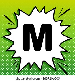 Letter M sign design template element. Black Icon on white popart Splash at green background with white spots. Illustration.
