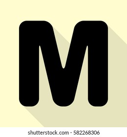 Letter M sign design template element. Black icon with flat style shadow path on cream background.