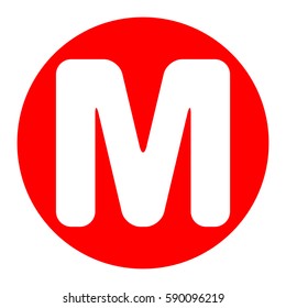 Letter M sign design template element. Vector. White icon in red circle on white background. Isolated.
