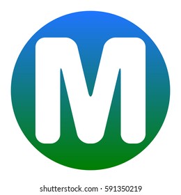 Letter M sign design template element. Vector. White icon in bluish circle on white background. Isolated.