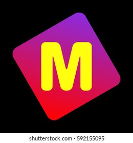 Letter M sign design template element. Vector. Yellow icon at violet-red gradient square with rounded corners rotated for dynamics on black background.