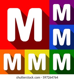 Letter M sign design template element. Vector. Set of icons with flat shadows at red, orange, yellow, green, blue and violet background.