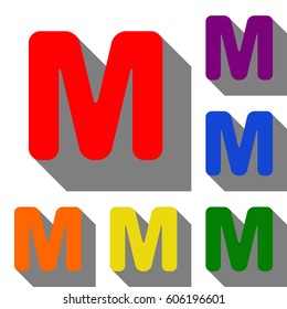 Letter M sign design template element. Set of red, orange, yellow, green, blue and violet icons at white background with flat shadow.