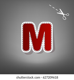 Letter M sign design template element. Vector. Red icon with for applique from paper with shadow on gray background with scissors.