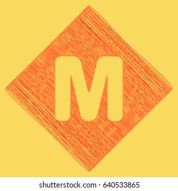 Letter M sign design template element. Vector. Red scribble icon obtained as a result of subtraction rhomb and path. Royal yellow background.