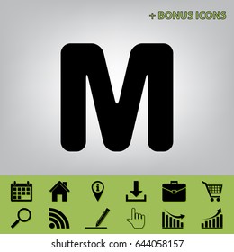 Letter M sign design template element. Vector. Black icon at gray background with bonus icons 