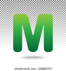 Letter M sign design template element. Vector. Green gradient icon with shadow at bottom on transparent and white background.