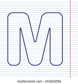 Letter M sign design template element. Vector. Navy line icon on notebook paper as background with red line for field.