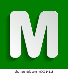 Letter M sign design template element. Vector. Paper whitish icon with soft shadow on green background.